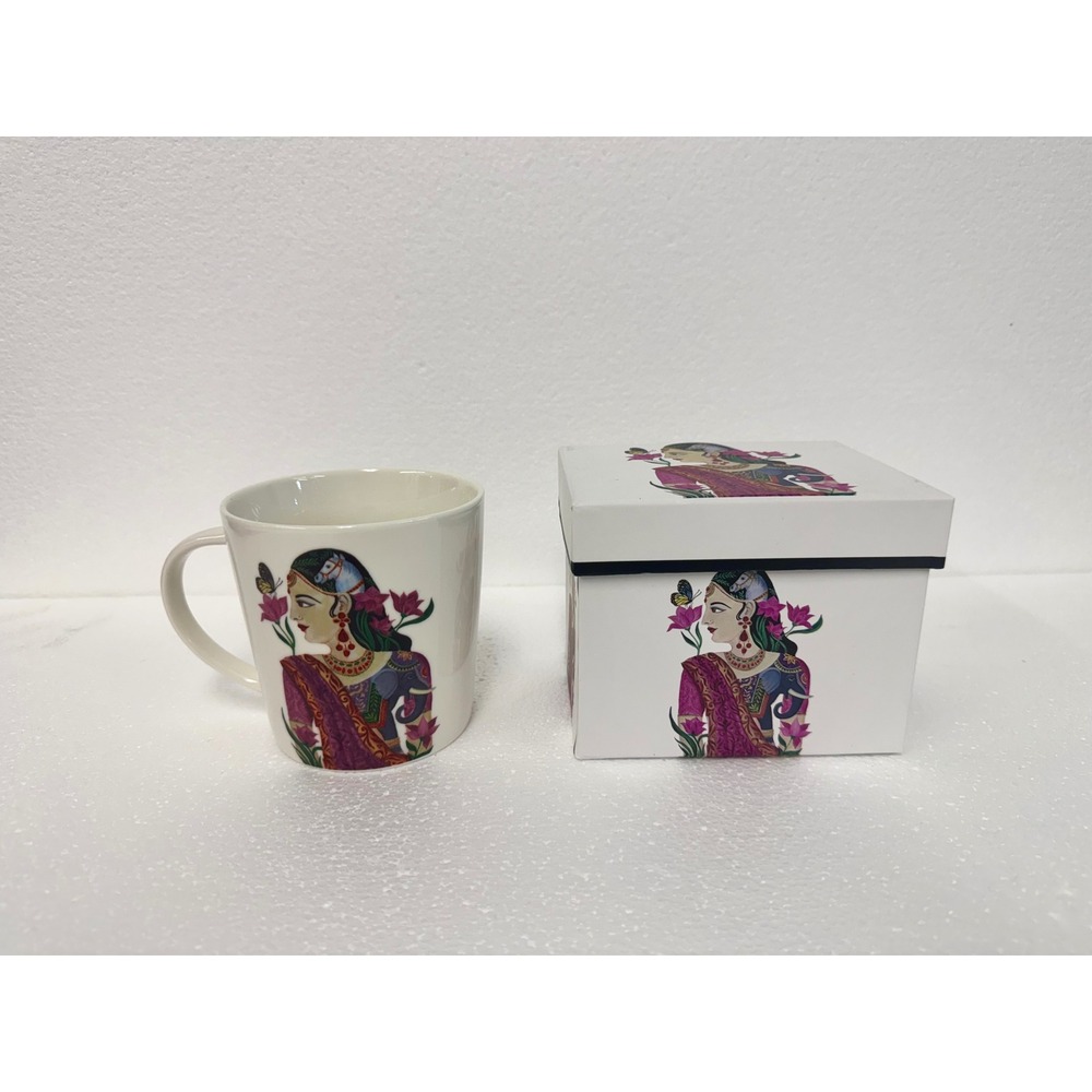 Indian Folk Art Ceramic Coffee Mug with Matching Decorative Gift Box Floral Sari
